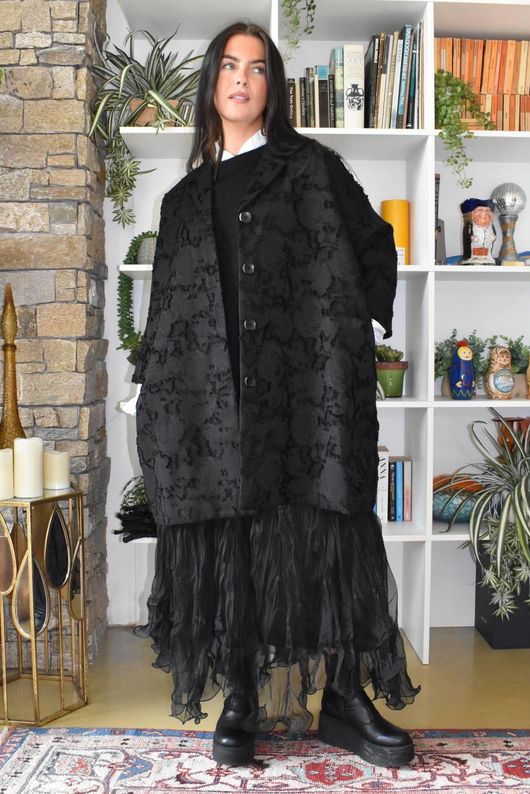 Bodi Jacquard Oversized Cocoon Coat Black
